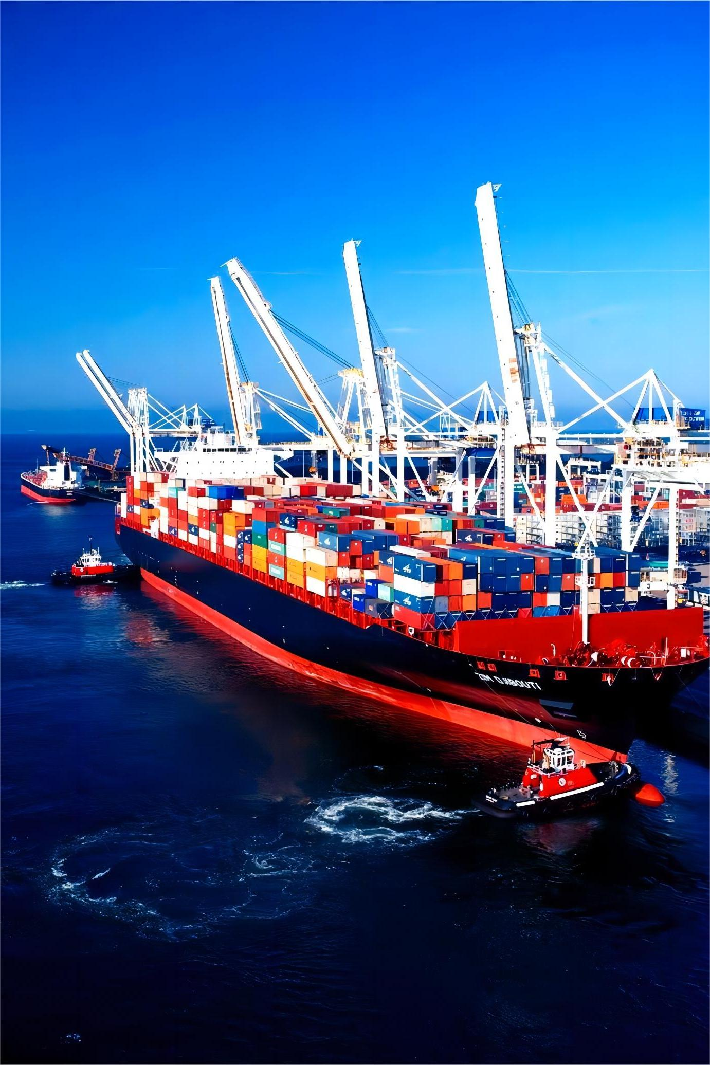 Modern cargo ship transporting containers from China to France